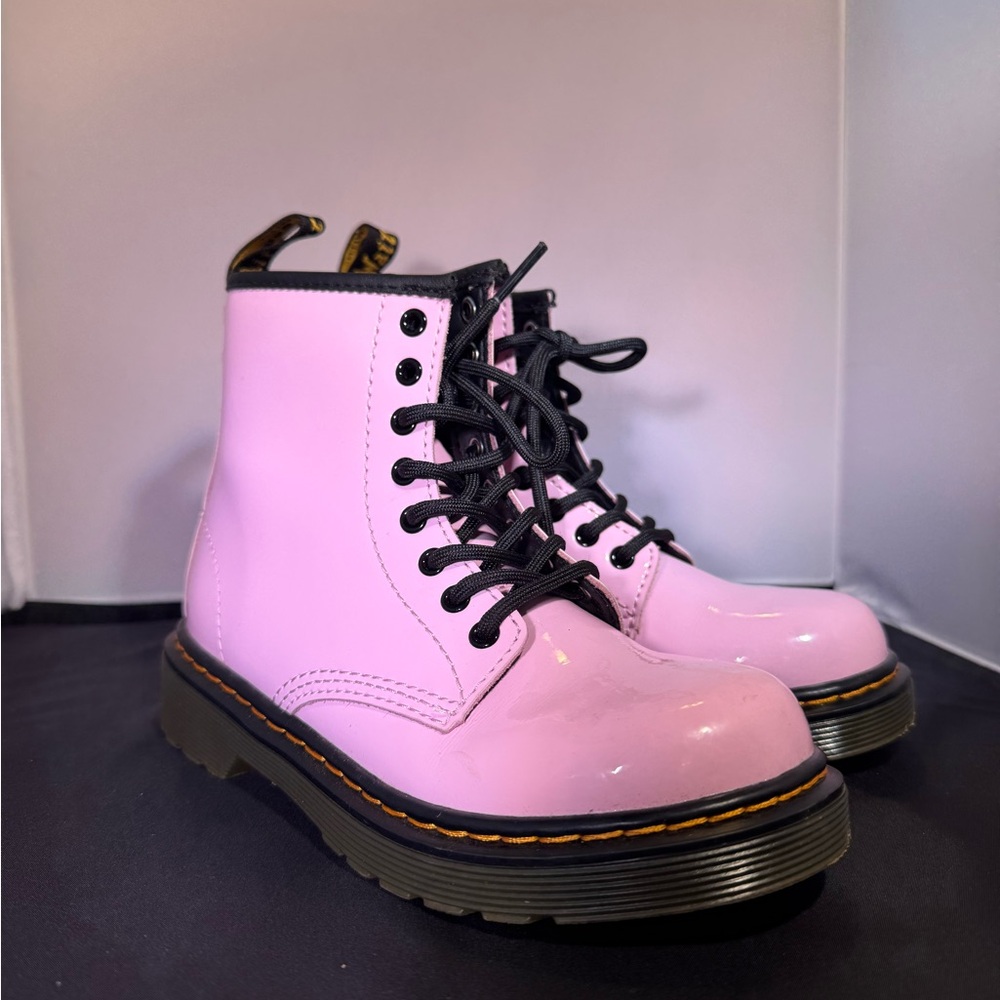 Dr. Martens Glossy Light Pink Patent Lace-Up Boots with Black Trim